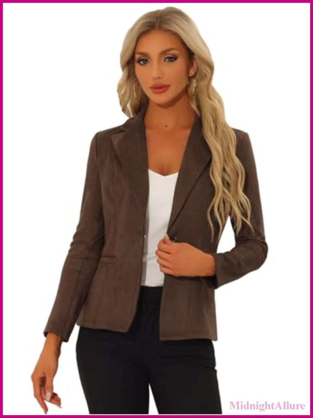 Faux Suede Blazer Notch Collar Long Sleeve Button Work Office Jacket